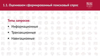 1.1. Оцениваем сформированный поисковый спрос
Типы запросов:
 Информационные
 Транзакционные
 Навигационные
 
