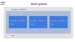 Grid system
<div class = “row”>
<div class = “container”>
<div class = “col-md-4”>
…
</div>
<div class = “col-md-4”>
…
</div>
<div class = “col-md-4”>
…
</div>
</div>
</div>
 