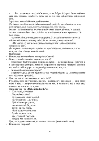 38
- Так, у кожного з вас є сім'я: мама, тато, бабуся і дідусь. Вони люблять
усіх вас, пестять, голублять, тому що ви для них найдорожчі, найрідніші
діти.
Зараз ми з вами підійдемо до будиночка.
(Вихователь з дітьми підходять домольбертів, де знаходяться листи з
фотографіями їх сімей, кожен розказує про свою сім'ю).
Ось ми і познайомились з членами всіх сімей наших діточок. У кожної
дитини повинна бути сім'я, усі діти на землі повинні жити в родинах. Це
їхнє право.
-А тепер, діти, у мене для вас сюрприз. Сьогодніви познайомитесь з
найголовнішою людиною у світі. Як ви гадаєте, хто ця людина?
- Не знаєте, ну що ж, тоді підемо знайомитись з найголовнішою
людиною у світі.
(За ширмою велике дзеркало, діти по черзі заходять, дивляться, алене
кажуть одне одному, кого бачили).
Наприклад:
- Наприклад: кого побачив за ширмоюСемен?
- Отже, хто найголовніша людина на землі?
- Правильно. Найголовніша людина на землі — це кожен із вас. Діточки, а
в мене ще один сюрприз. Зараз ми потрапимо в картинну галерею і кожен із
вас знайде свій портрет, створенийруками ваших матусь.
- Чи сподобалисьвам портрети?
- Подякуйте дома своїм рідним за такі чудові роботи. А ми продовжимо
нові відкриття про себе).
- Діти, ви знаєте, що в кожного з вас є ім'я?
- Був день, коли ви з'явились на світ, і найдорожчі вам люди — ваші рідні
мама й тато — вперше покликали вас на ім'я. У кожного з вас є своє ім'я,
тому що ви маєте на це право.
Дидактична гра «Найлагідніше ім'я»
- Хто такий, хто такий
По доріжці скаче?
Це дружочокнаш дзвінкий .
пострибайчик-... (м'ячик).
Цей м'ячик-пустунець,
що маленький бігунець:
з руки в руку скаче,
ніхто з діточок не плаче.
Де він зупиняється,
там чудо відбувається —
лагідне ім'я називається.
Діти, які одержали м'ячик, називають пестливі формисвоїхімен).
- Відпочили, пограли?
 