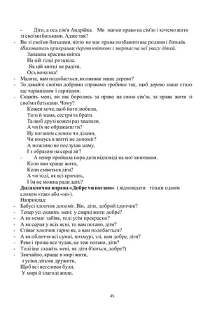 45
- Діти, а ось сім'я Андрійка. Ми маємо право на сім'ю і хочемо жити
зі своїмибатьками. Адже так?
- Ви зі своїмибатьками, ніхто не має права позбавитивас родиниі батьків.
(Вихователь прикрашаєдеревоквіткою і звертаєна неї увагу дітей.
Запашна красива квітка
На цій гілці розцвіла.
Як цій квітці не радіти,
Ось вона яка!
- Малята, вам подобається,якоживає наше дерево?
- То давайте своїми добрими справами зробимо так, щоб дерево наше стало
ще чарівнішим і гарнішим.
- Скажіть мені, ви так боролись за право на свою сім'ю, за право жити зі
своїмибатьками. Чому?
Кожен хоче, щоб його любили,
Тато й мама, сестрита брати.
Тащоб друзікожен раз хвалили,
А чи їх не ображаєш ти?
Ну поганим словом чи ділами,
Чи комусь в житті не допоміг?
А можливо не послухав маму,
І з образоюна серціліг?
- А тепер прийшла пора дати відповіді на мої запитання.
Коли вам краще жити,
Коли сміються діти?
А чи тоді, як всі кричать,
І їм не можна радидать?
Дидактична вправа «Добре чи погано» (відповідати тільки одним
словом «так» або «ні»).
Наприклад:
- Бабусі хлопчик допоміг. Він, діти, добрийхлопчик?
- Тепер усі скажіть мені: у сварціжити добре?
- А як немає забіяк, тоді усім прекрасно?
- А як серця у всіх ясні, то вам погано, діти?
- Співає хлопчик гарно як, а вам подобається?
- А як обличчя всі сумні, похмурі, злі, вам добре, діти?
- Реве і троще все чудак, це теж погано, діти?
- Тодііще скажіть мені, як діти б'ються, добре?)
- Звичайно, краще в мирі жити,
з усіма дітьми дружити,
Щоб всі веселими були,
У мирі й злагоді жили.
 