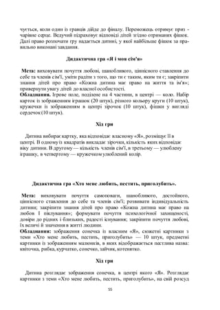 55
чується, коли один із гравців дійде до фіналу. Переможець отримує приз -
чарівне серце. Ведучий підраховує відповіді дітей згідно отриманих фішок.
Далі право розпочати гру надається дитині, у якої найбільше фішок за пра-
вильно виконані завдання.
Дидактична гра «Я і моя сім'я»
Мета: виховувати почуття любові, шанобливого, ціннісного ставлення до
себе та членів сім'ї, уміти радіти з того, що ти є таким, яким ти є; закріпити
знання дітей про право «Кожна дитина має право на життя та ім'я»;
привернути увагу дітей до власної особистості.
Обладнання. Ігрове поле, поділене на 4 частини, в центрі — коло. Набір
карток із зображенням іграшок (20 штук), різного кольору круги (10 штук),
кружечки із зображенням в центрі зірочок (10 штук), фішки у вигляді
сердечок(10 штук).
Хід гри
Дитина вибираєкартку, яка відповідає власному «Я», розміщує її в
центрі. В одномуіз квадратів викладає зірочки, кількість яких відповідає
віку дитини. В другому— кількість членів сім'ї, в третьому — улюблену
іграшку, в четвертому — кружечком улюблений колір.
Дидактична гра «Хто мене любить, пестить, приголубить».
Мета: виховувати почуття самоповаги, шанобливого, достойного,
ціннісного ставлення до себе та членів сім'ї; розвивати індивідуальність
дитини; закріпити знання дітей про право «Кожна дитина має право на
любов І піклування»; формувати почуття психологічної захищеності,
довіри до рідних і близьких, радості існування; закріпити почуття любові,
їх величі й значення в житті людини.
Обладнання: зображення сонечка із власним «Я», сюжетні картинки з
теми «Хто мене любить, пестить, приголубить» — 10 штук, предметні
картинки із зображенням малюнків, в яких відображається пестлива назва:
квіточка, рибка, курчатко, сонечко, зайчик, котенятко.
Хід гри
Дитина розглядає зображення сонечка, в центрі якого «Я». Розглядає
картинки з теми «Хто мене любить, пестить, приголубить», на свій розсуд
 
