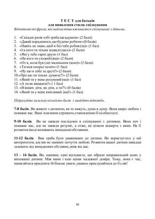 83
Т Е С Т для батьків
для виявлення стилю спілкування
Відмітьтеті фрази, які найчастішевживаєтев спілкуванні з дітьми.
1. «Скільки разів тобі треба нагадувати» (2 бали)
2. «Давай порадимося,що будемо робити» (0 балів)
3. «Навіть не знаю, щоб я без тебе робив (ла)» (1 бал)
4. «І в кого ти тільки вдався (лась)» (2 бали)
5. «Які у тебе гарні друзі» (1 бал)
6. «На кого ти схожий(жа)» (2 бали)
7. «От я, коли був (ла) маленьким (кою)» (2 бали)
8. «Тимоя опораі поміч» (1 бал)
9. «Ну що в тебе за друзі?» (2 бали)
10.«Про що ти тільки думаєш?!» (2 бали)
11. «Який ти у мене розумний(на)» (1 бал)
12. «А ти як вважаєш?» ( 1 бал)
13. «В інших діти, як діти, а ти?!» (0 балів)
14. «Який ти у мене кмітливий (ва)!» (1 бал)
Підрахуйтезагальнукількість балів і знайдіть відповідь.
7-8 балів. Ви живете з дитиною, як то кажуть, душа в душу. Вона щиро любить і
поважає вас. Ваші взаємини сприяють становленню її особистості.
9-10 балів. Ви не завжди послідовні в спілкуванні з дитиною. Вона хоч і
поважає вас, але не завжди розуміє, а отже, не цілком відверта з вами. На її
розвитокіноді впливають випадковіобставини.
11-12 балів. Вам треба бути уважнішим до дитини. Ви користуєтесь у неї
авторитетом, але він не замінює почуття любові. Розвиток вашої дитини швидше
залежить від випадкових обставин, аніж від вас.
13 – 14 балів. Ви, напевне, самі відчуваєте, що обрали неправильний шлях у
вихованні дитини. Між вами і нею немає належної довіри. Тому, поки є час,
намагайтеся приділяти їй більше уваги, уважно прислухайтеся до її слів!
 