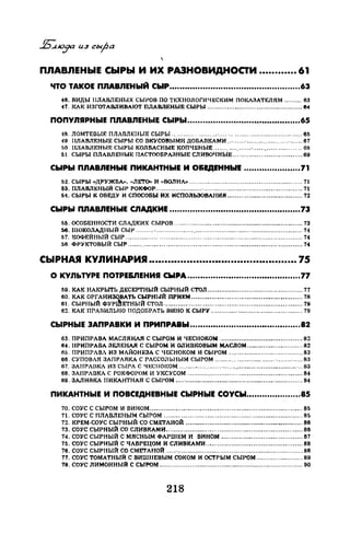 ПЛАВЛЕНЫЕ СЫРЫ И ИХ РАЗНОВИДНОСТИ .••.•.•••..• 61
ЧТО ТАКОЕ ПЛАВЛЕНЫЙ СЫР.••..•.••.•.....••............••.•....•............63
46. ВИДЫ IIЛАВЛЕНЫХ СЫРОВ ПО ТЕХНОЛОГИЧЕСКИМ ПОl~АЗАТЕЛЯМ ......... 83
47. I~AK ИЗГОТАВЛИВАЮТ ПЛАВЛЕНЫЕ СЫРЫ ................................................ 84
ПОПУЛЯРНЫЕ ПЛАВЛЕНЬIЕ СЫРЫ ...............•..•.•.......•••..•..•.•.....65
18. ЛОМТЕВЫF. ПЛАВЛЕНЫЕ СЫРЫ ....................··· .... ·.................................... 65
49. ПЛАВЛЕНЫЕ СЫРЫ СО ВКУСОВЫМИ ДОБАIЗКАМИ ......... ·............................ 67
50. ПJIАВЛЕНЫЕ СЫРЫ КОЛБАСНЫЕ КОПЧЕНЫЕ ............................................ 08
51 СЫРЫ ПЛАВЛЕНЫЕ ПАСТООБРАЗНЫЕ СЛИВОЧНЫiо; ................................... 69
СЫРЫ ПЛАВЛЕНЫЕ ПИКАНТНЫЕ И О&ЕДЕННЬIЕ .................•....71
52. СЫРЫ «ДРУЖБА>•. «ЛЕТО>• И "ВОЛНА» ......................................................... 71
53. ПЛАВЛI!:НЫЙ СЫР РОКФОР....................... ·.................................................. 71
М. СЫРЫ К ОБЕДУ И СПОСОБЫ ИХ ИСПО.RЬЗОВАНИИ ...................................... 72
СЫРЫ МАВЛЕНЫЕ СЛАдКИЕ .•........••..-..•..••.•.•.•.••••••••••••.•••.••....73
55. ОСОБЕННОСТИ СЛАДКИХ СЫРОВ ................................................................. 73
56. lliОКОЛАДНЫЙ СЫР ......... ·....................·..................................................... 74
57. IСОФЕЙНЫЙ СЫР ........................................................................................ 74
58. ФРУКТОВЫЙ СЫР ........................................................................................ 74
СЬIРНАЯ KY.ПИHAJtИJI ............................................... 75
О КУЛЬТУРЕ ПОТРЕ&ЛЕНИЯ CWPA....•..•....•••.•.••.....•.•••••............77
!'i9. КАК НАКРЫТЬ ДЕСЕРТНЫЙ СЫРНЫЙ СТОЛ ................................................ 77
60. КАК ОРГАНИЗОВАТЬ СЫРНЫЙ ПРИЕМ ........................................................ 78
61. СЫРНЫЙ ФУРrhЕТНЫЙ СТОЛ ...................................................................... 7Q
62. КАК ПJ>АIЗИЛЬНО ПОДОБРАТЬ ВИНО К СЫРУ ............. ·................................ 79
СЫРНЫЕ ЗАПРАВКИ И ПРИПРАВЫ ........••.••...•..•••••••••••••...•.......82
63. ПРИПРАВА МАСЛЯНАЯ С СЫРОМ И 'IЕСНОКОМ. .......................................... 82
64. IIРИПРАВА ЗЕЛЕНАЯ С СЫРОМ. И О.ЛИВКОВЫМ МАСЛОМ ............................ 82
65. ПРИПРАВА ИЗ МАЙОНF.ЗА С 'IECHOKOM Н CblPOM ..................................... 83
66. СУПОВАЯ ЗАПРАВКА С PACCOJibliЬIM СЫРОМ .............................. ·............. RЗ
67. ЗАПРАВКА ИЗ СЫРА С Ч~:CIIOIIOM ..................... ·........................................ 83
68. ЗАПРАВКА С РОКФОРОМ И УКСУСОМ .......................................................... 84
6Q. ЗАЛИВКА ПИКАНТНАЯ С СЫРОМ .... ·........................................................... 84
ПИКАНТНЫЕ И ПОВСЕДНЕВНЫЕ СЫРНЫЕ СОУСЫ.....................85
70. СОУС С СЫРОМ И ВИНОМ ............................................................................. 85
71. СОУС С ПЛАВЛЕНЫМ СЫРОМ ...................................................................... 85
72. КРЕМ-СОУС СЫРНЫЙ СО СМЕТАНОЙ ........................................................... 86
73. СОУС СЫРНЫЙ СО СЛИВКАМИ ..................................................................... 86
74. СОУС СЫРНЫЙ С МЯСНЫМ ФАРШЕМ И ВИНОМ ......................................... 87
75. СОУС СЫРНЫЙ С ЧАБРЕЦОМ И СЛИВКАМИ ................................................. 88
76. СОУС СЫРНЫЙ СО СМЕТАНОЙ ..................................................................... 88
77. СОУС ТОМАТНЫЙ С ВИUШЕВЫМ СОКОМ И ОСТРЫМ СЫРОМ ....................... 89
78. СОУС ЛИМОННЫЙ С СЫРОМ ........................................................................ 90
218
 