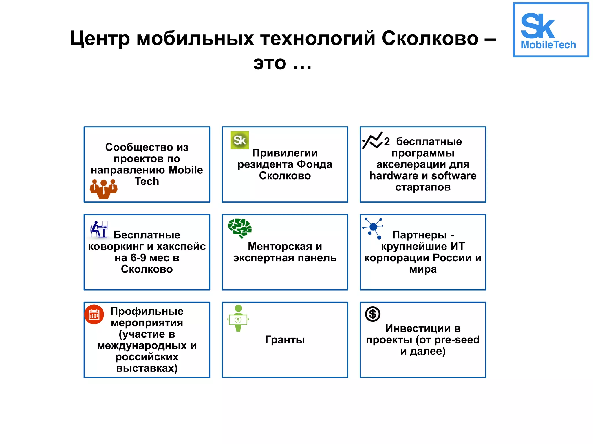 Центр мобильных технологий Сколково –
это …
Сообщество из
проектов по
направлению Mobile
Tech
Привилегии
резидента Фонда
Сколково
2 бесплатные
программы
акселерации для
hardware и software
стартапов
Бесплатные
коворкинг и хакспейс
на 6-9 мес в
Сколково
Менторская и
экспертная панель
Партнеры -
крупнейшие ИТ
корпорации России и
мира
Профильные
мероприятия
(участие в
международных и
российских
выставках)
Гранты
Инвестиции в
проекты (от pre-seed
и далее)
 