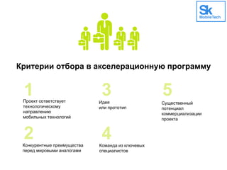 Критерии отбора в акселерационную программу
Проект сответствует
технологическому
направлению
мобильных технологий
Команда из ключевых
специалистов
Идея
или прототип
Существенный
потенциал
коммерциализации
проекта
Конкурентные преимущества
перед мировыми аналогами
 