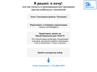 Я решил: я хочу!
или как попасть в акселерационную программу
Центра мобильных технологий
Представить проект на
Презентационном дне 14.04.15
Питч-сессия перед экспертами, сотрудниками
кластеров, венчурной службой и партнерами
5 мин на презентацию + 7 минут на вопросы
Старт программы – 17го Мая 2015
Ковркинг
и хакспейс1 2
Стать Участником проекта “Сколково”
Пройти экспертный отбор
Подготовить и отправить презентацию
проекта на mobile@sk.ru
 
