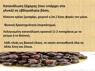 Κατανάλωση ζάχαρης (που υπάρχει στα
γλυκά) σε εβδομαδιαία βάση.
Κόκκινο κρέας (μοσχάρι, χοιρινό κ.λπ.) λίγες φορές τον μήνα.
Φυσική δραστηριότητα (περπάτημα).
Λελογισμένη κατανάλωση κρασιού (1-2 ποτηράκια με το
γεύμα ή το δείπνο).
Λάδι ελιάς ως βασικό έλαιο, το οποίο αντικαθιστά όλα τα
άλλα λίπη και έλαια.
 