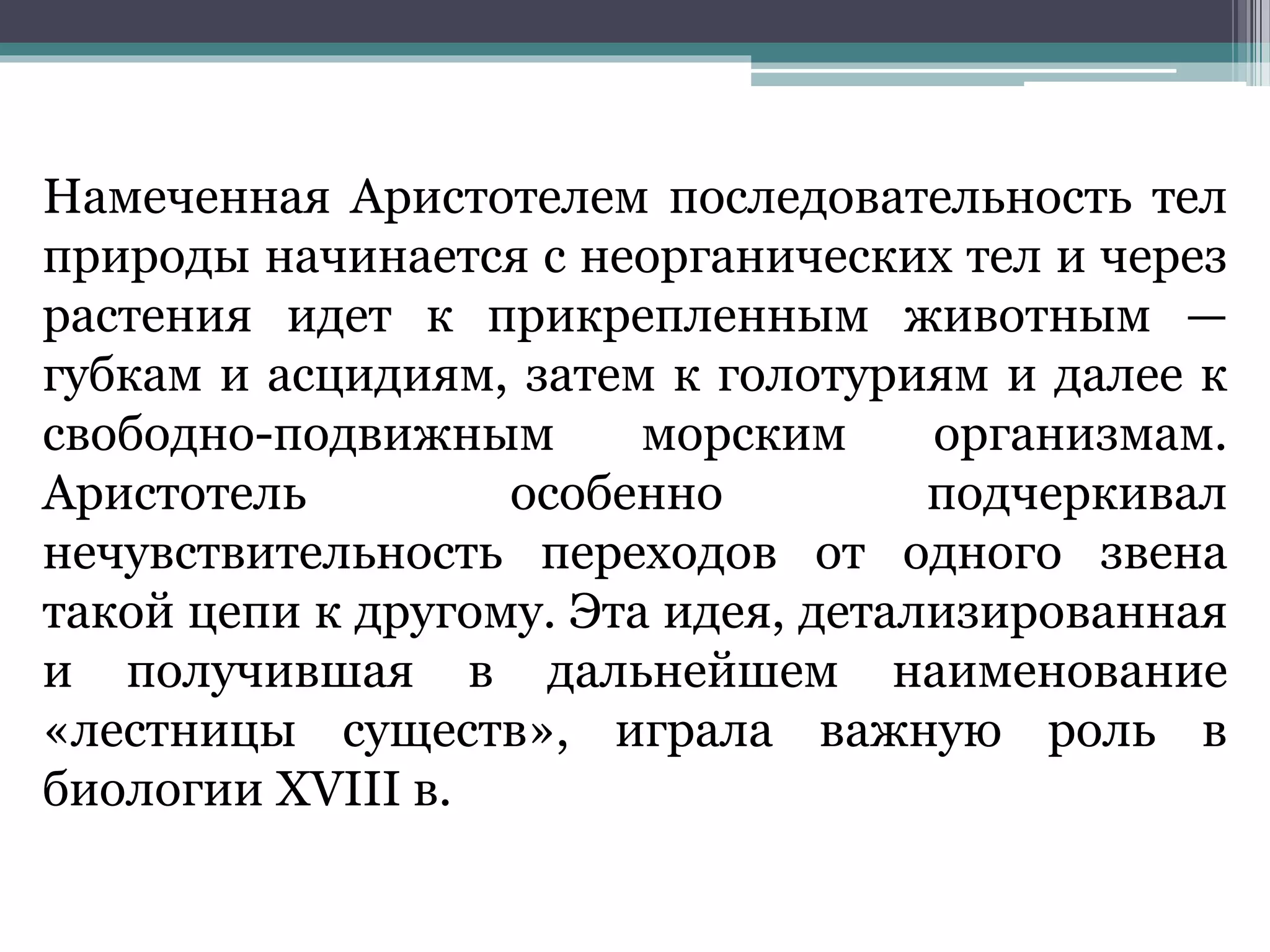 Намеченная Аристотелем последовательность тел
природы начинается с неорганических тел и через
растения идет к прикрепленным животным —
губкам и асцидиям, затем к голотуриям и далее к
свободно-подвижным морским организмам.
Аристотель особенно подчеркивал
нечувствительность переходов от одного звена
такой цепи к другому. Эта идея, детализированная
и получившая в дальнейшем наименование
«лестницы существ», играла важную роль в
биологии XVIII в.
 