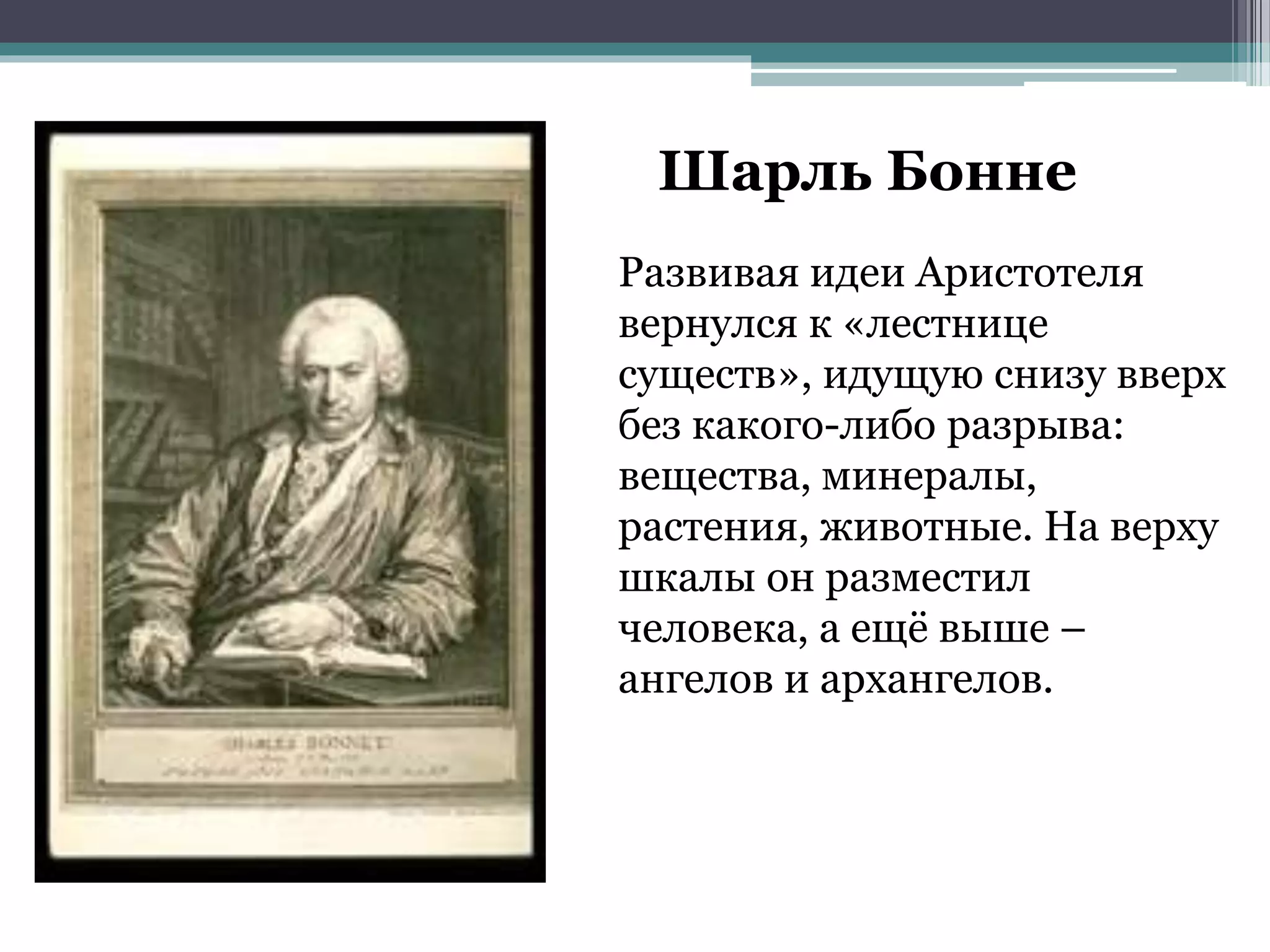 Шарль Бонне
Развивая идеи Аристотеля
вернулся к «лестнице
существ», идущую снизу вверх
без какого-либо разрыва:
вещества, минералы,
растения, животные. На верху
шкалы он разместил
человека, а ещё выше –
ангелов и архангелов.
 