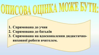 1. Спрямована до учня
2. Спрямована до батьків
3. Спрямована на вдосконалення дидактично-
виховної роботи вчителем.
 