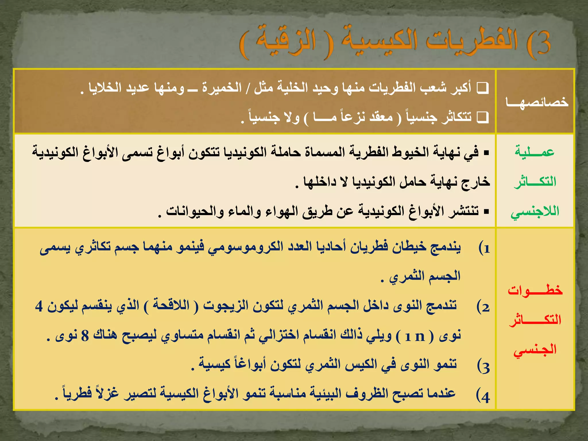 ‫خصائصهـــا‬
‫مثل‬ ‫الخلية‬ ‫وحيد‬ ‫منها‬ ‫الفطريات‬ ‫شعب‬ ‫أكبر‬/‫عديد‬ ‫ومنها‬ ‫ـــ‬ ‫الخميرة‬‫الخاليا‬.
ً‫ا‬‫جنسي‬ ‫تتكاثر‬(‫مــــا‬ ً‫ا‬‫نزع‬ ‫معقد‬)ً‫ا‬‫جنسي‬ ‫وال‬.
‫عمـــلية‬
‫التكـــاثر‬
‫الالجنسي‬
‫تتكون‬ ‫الكونيديا‬ ‫حاملة‬ ‫المسماة‬ ‫الفطرية‬ ‫الخيوط‬ ‫نهاية‬ ‫في‬‫أبواغ‬‫ا‬ ‫األبواغ‬ ‫تسمى‬‫لكونيدية‬
‫داخلها‬ ‫ال‬ ‫الكونيديا‬ ‫حامل‬ ‫نهاية‬ ‫خارج‬.
‫الهواء‬ ‫طريق‬ ‫عن‬ ‫الكونيدية‬ ‫األبواغ‬ ‫تنتشر‬‫والحيوانات‬ ‫والماء‬.
‫خطـــــوات‬
‫التكــــــاثر‬
‫الجـنسي‬
(1‫فطريان‬ ‫خيطان‬ ‫يندمج‬‫يس‬ ‫تكاثري‬ ‫جسم‬ ‫منهما‬ ‫فينمو‬ ‫الكروموسومي‬ ‫العدد‬ ‫أحاديا‬‫مى‬
‫الثمري‬ ‫الجسم‬.
(2‫الزيجوت‬ ‫لتكون‬ ‫الثمري‬ ‫الجسم‬ ‫داخل‬ ‫النوى‬ ‫تندمج‬(‫الالقحة‬)‫ليك‬ ‫ينقسم‬ ‫الذي‬‫ون‬4
‫نوى‬(1 n)‫هناك‬ ‫ليصبح‬ ‫متساوي‬ ‫انقسام‬ ‫ثم‬ ‫اختزالي‬ ‫انقسام‬ ‫ذالك‬ ‫ويلي‬8‫نوى‬.
(3‫كيسية‬ ً‫ا‬‫أبواغ‬ ‫لتكون‬ ‫الثمري‬ ‫الكيس‬ ‫في‬ ‫النوى‬ ‫تنمو‬.
(4ً‫ال‬‫غز‬ ‫لتصير‬ ‫الكيسية‬ ‫األبواغ‬ ‫تنمو‬ ‫مناسبة‬ ‫البيئية‬ ‫الظروف‬ ‫تصبح‬ ‫عندما‬ً‫ا‬‫فطري‬.
 