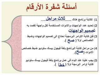 ‫شفرة‬ ‫أسئلة‬‫األرق‬‫ام‬
(1‫هناك‬ ‫برنامج‬ ‫لكتابة‬.................................
(2‫به‬ ‫نقصد‬ ‫واجهة‬ ‫لكل‬ ‫المستخدمة‬ ‫واالدوات‬ ‫الواجهات‬ ‫عدد‬ ‫تحديد‬
..........................
(3‫وضب‬ ‫الواجهات‬ ‫تصميم‬ ‫الى‬ ‫نحتاج‬ ‫البرمجية‬ ‫االوامر‬ ‫كتابة‬ ‫قبل‬‫ط‬
‫اوال‬ ‫الخصائص‬.) (
(4‫خ‬ ‫ضبط‬ ‫ستوديو‬ ‫بيسك‬ ‫فيجول‬ ‫بلغة‬ ‫البرنامج‬ ‫كتابة‬ ‫مراحل‬ ‫من‬‫صائص‬
‫االدوات‬.) (
(5‫س‬ ‫بيسك‬ ‫فيجول‬ ‫بلغة‬ ‫برنامج‬ ‫عمل‬ ‫في‬ ‫البدء‬ ‫عند‬ ‫علينا‬ ‫يجب‬‫توديو‬
‫اوال‬ ‫البرمجة‬ ‫اوامر‬ ‫كتابة‬.) (
‫مراحل‬ ‫ثالث‬
‫الواجهات‬ ‫تصميم‬
‫خطأ‬
‫صح‬
‫صح‬
 