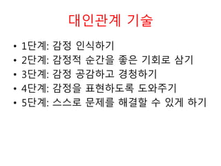 대인관계 기술
• 1단계: 감정 인식하기
• 2단계: 감정적 순간을 좋은 기회로 삼기
• 3단계: 감정 공감하고 경청하기
• 4단계: 감정을 표현하도록 도와주기
• 5단계: 스스로 문제를 해결할 수 있게 하기
 