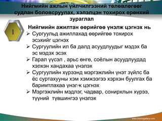 www.themegallery.com
Нийгмийн ажлын үйлчилгээний төлөвлөгөөг
судлан боловсруулах, хэлэлцэн тохирох ерөнхий
зураглал
1
Нийгмийн ажилтан өөрийгөө үнэлж цэгнэх нь
 Сургуульд ажиллахад өөрийгөө тохирох
эсэхийг цэгнэх
 Сургуулийн ил ба далд асуудлуудыг мэдэх ба
эс мэдэх эсэх
 Гарал үүсэл , арьс өнгө, соёлын асуудлуудад
хэрхэн хандахаа үнэлэх
 Сургуулийн хүрээнд мэргэжлийн үнэт зүйлс ба
ёс суртахууны хэм хэмжээгээ хэрхэн буулгах ба
баримтлахаа үнэлж цэгнэх
 Мэргэжлийн мэдлэг, чадвар, сонирхлын хүрээ,
түүний түвшингээ үнэлэх
1
3
4
 