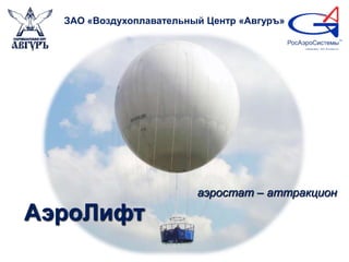 АэроЛифт
аэростат – аттракцион
ЗАО «Воздухоплавательный Центр «Авгуръ»
 