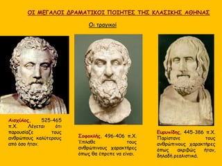 ΟΙ ΜΕΓΑΛΟΙ ΔΡΑΜΑΤΙΚΟΙ ΠΟΙΗΤΕΣ ΤΗΣ ΚΛΑΣΙΚΗΣ ΑΘΗΝΑΣ
Αισχύλος, 525-465
π.Χ. Λέγεται ότι
παρουσίαζε τους
ανθρώπους καλύτερους
από όσο ήταν.
Σοφοκλής, 496-406 π.Χ.
Ἐπλαθε τους
ανθρώπινους χαρακτήρες
όπως θα έπρεπε να είναι.
Ευρυπίδης, 445-386 π.Χ.
Παρίστανε τους
ανθρώπινους χαρακτήρες
όπως ακριβώς ήταν,
δηλαδή ρεαλιστικά.
Οι τραγικοί
 