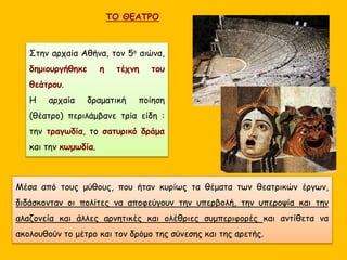 ΤΟ ΘΕΑΤΡΟ
Στην αρχαία Αθήνα, τον 5ο αιώνα,
δημιουργήθηκε η τέχνη του
θεάτρου.
Η αρχαία δραματική ποίηση
(θέατρο) περιλάμβανε τρία είδη :
την τραγωδία, το σατυρικό δράμα
και την κωμωδία.
Μέσα από τους μύθους, που ήταν κυρίως τα θέματα των θεατρικών έργων,
διδάσκονταν οι πολίτες να αποφεύγουν την υπερβολή, την υπεροψία και την
αλαζονεία και άλλες αρνητικές και ολέθριες συμπεριφορές και αντίθετα να
ακολουθούν το μέτρο και τον δρόμο της σύνεσης και της αρετής.
 