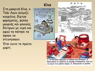 Κίνα
Στη μακρινή Κίνα, ο
Τσάι Λουν ανέμιξε
κουρέλια, δίχτυα
ψαρέματος, φύλλα
μουριάς και φλοιούς
δέντρων με νερό και
αφού τα πάτησε τα
άφησε να
στεγνώσουν.
Έτσι έγινε το πρώτο
χαρτί.
 