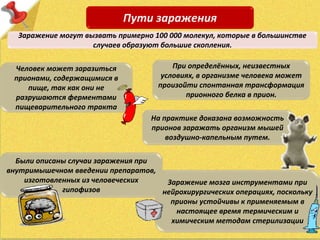 Пути заражения
Человек может заразиться
прионами, содержащимися в
пище, так как они не
разрушаются ферментами
пищеварительного тракта
На практике доказана возможность
прионов заражать организм мышей
воздушно-капельным путем.
Были описаны случаи заражения при
внутримышечном введении препаратов,
изготовленных из человеческих
гипофизов
Заражение мозга инструментами при
нейрохирургических операциях, поскольку
прионы устойчивы к применяемым в
настоящее время термическим и
химическим методам стерилизации
При определённых, неизвестных
условиях, в организме человека может
произойти спонтанная трансформация
прионного белка в прион.
Заражение могут вызвать примерно 100 000 молекул, которые в большинстве
случаев образуют большие скопления.
 