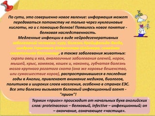 По сути, это совершенно новое явление: информация может
передаваться потомству не только через нуклеиновые
кислоты, но и с помощью белков! Появилось новое понятие -
белковая наследственность.
Медленные инфекции в виде нейродегенеративных
заболеваний человека: куру, болезнь Кройцфельда-Якоба,
синдром Герштона-Штресслера-Шейнкера, семейная
смертельная бессонница, а также заболевания животных:
скрэпи овец и коз, аналогичные заболевания оленей, норок,
мышей, крыс, хомяков, кошек и, наконец, губчатая болезнь
мозга крупного рогатого скота (она же коровье бешенство,
или сумасшествие коров), распространившиеся в последние
годы в Англии, привлекают внимание медиков, биологов,
политиков и широких слоев населения, особенно в странах ЕЭС.
Все эти болезни вызывает белковый инфекционный агент -
"прион"!
Термин «прион» происходит от начальных букв английских
слов: proteinaceous – белковый, infective – инфекционный; on
– окончание, означающее «частица».
 