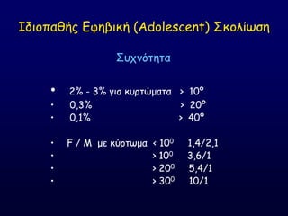 Ζδημπαζήξ Γθεβηθή (Adolescent) ΢θμιίςζε
΢οπκόηεηα
• 2% - 3% γηα θονηώμαηα > 10º
• 0,3% > 20º
• 0,1% > 40º
• F / M με θύνηςμα < 100 1,4/2,1
• > 100 3,6/1
• > 200 5,4/1
• > 300 10/1
 