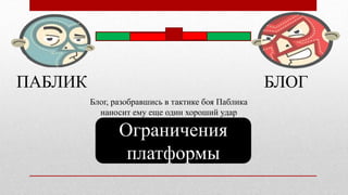 ПАБЛИК БЛОГ
Ограничения
платформы
Блог, разобравшись в тактике боя Паблика
наносит ему еще один хороший удар
 