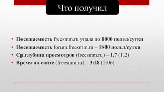 Что получил
• Посещаемость freesmm.ru упала до 1000 польз/сутки
• Посещаемость forum.freesmm.ru – 1800 польз/сутки
• Ср.глубина просмотров (freesmm.ru) – 1,7 (1,2)
• Время на сайте (freesmm.ru) – 3:28 (2:06)
 