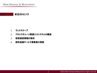 ©2015 Mori Hamada & Matsumoto all rights reserved
本日のトピック
1. ランドスケープ
2. ブロックチェーン関連エコシステムの構造
3. 仮想通貨領域の現状
4. 既存金融サービス事業者の貢献
2
 