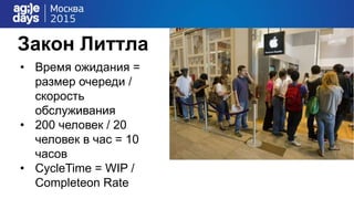 Закон Литтла
• Время ожидания =
размер очереди /
скорость
обслуживания
• 200 человек / 20
человек в час = 10
часов
• CycleTime = WIP /
Completeon Rate
 