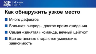 Как обнаружить узкое место
Много дефектов
Большая очередь, долгое время ожидания
Самая «занятая» команда, вечный цейтнот
Все остальные стараются уменьшить
зависимость
 