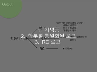 “Why not change the world”
배워서 남주자
인성중심교육
하나님의 대학
Output
한동대학교
학교
학부
RC
13개의 전공학부 (ICT포함)의
슬로건
6개의 RC
1. 기념품
2. 학부별 통일화된 로고
3. RC 로고
 