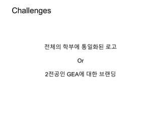 Challenges
전체의 학부에 통일화된 로고
Or
2전공인 GEA에 대한 브랜딩
 