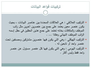 ‫تركيبات‬‫البيانات‬ ‫اعد‬‫و‬‫ق‬
‫التركيب‬‫العالئقي‬:، ‫البيانات‬ ‫عناصر‬ ‫بين‬ ‫المحددة‬ ‫العالقات‬ ‫هي‬‫بحيث‬
‫ات‬‫ر‬ ‫مثل‬ ‫ين‬‫ر‬‫آخ‬ ‫ين‬‫ر‬‫عنص‬ ‫بين‬ ‫جمع‬ ‫على‬ ‫يعتمد‬ ‫معين‬ ‫عنصر‬ ‫يكون‬‫ب‬
‫حقل‬ ‫في‬ ‫الحقلين‬ ‫هذين‬ ‫جمع‬ ‫على‬ ‫تعتمد‬ ‫بخانه‬ ‫المكافآت‬‫و‬ ‫الموظف‬‫إسمه‬
‫وهكذا‬ ‫النهائي‬ ‫الموظف‬ ‫اتب‬‫ر‬‫ال‬. ...
‫الهيكلي‬ ‫التركيب‬:‫مشتركين‬ ‫ين‬‫ر‬‫عنص‬ ‫فيها‬ ‫يكون‬ ‫التي‬ ‫وهي‬‫تحت‬ ‫ومصنفين‬
‫له‬ ‫تابعين‬ ‫أو‬ ‫احد‬‫و‬ ‫عنصر‬.
‫الهرمي‬ ‫التركيب‬:‫ع‬ ‫عن‬ ‫مسؤول‬ ‫عنصر‬ ‫كل‬ ‫فيها‬ ‫يكون‬ ‫التي‬ ‫وهي‬‫نصر‬
‫أكثر‬ ‫وليس‬ ‫فقط‬ ‫احد‬‫و‬.
 