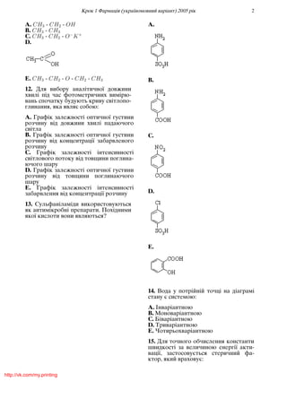 Крок 1 Фармацiя (україномовний варiант) 2005 рiк 2
A. CH3 - CH2 - OH
B. CH3 - CH3
C. CH3 - CH2 - O−
K+
D.
E. CH3 - CH2 - O - CH2 - CH3
12. Для вибору аналiтичної довжини
хвилi пiд час фотометричних вимiрю-
вань спочатку будують криву свiтлопо-
глинання, яка являє собою:
A. Графiк залежностi оптичної густини
розчину вiд довжини хвилi падаючого
свiтла
B. Графiк залежностi оптичної густини
розчину вiд концентрацiї забарвленого
розчину
C. Графiк залежностi iнтенсивностi
свiтлового потоку вiд товщини поглина-
ючого шару
D. Графiк залежностi оптичної густини
розчину вiд товщини поглинаючого
шару
E. Графiк залежностi iнтенсивностi
забарвлення вiд концентрацiї розчину
13. Сульфанiламiди використовуються
як антимiкробнi препарати. Похiдними
якої кислоти вони являються?
A.
B.
C.
D.
E.
14. Вода у потрiйнiй точцi на дiаграмi
стану є системою:
A. Iнварiантною
B. Моноварiантною
C. Бiварiантною
D. Триварiантною
E. Чотирьохварiантною
15. Для точного обчислення константи
швидкостi за величиною енергiї акти-
вацiї, застосовується стеричний фа-
ктор, який враховує:
http://vk.com/my.printing
 