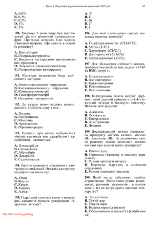 Крок 1 Фармацiя (україномовний варiант) 2007 рiк 63
A. 0,9%
B. 0,3%
C. 0,5%
D. 1%
E. 3%
190. Хворому 3 роки тому був постав-
лений дiагноз хронiчний гломерулоне-
фрит. Протягом останнiх 6-ти мiсяцiв
з’явилися набряки. Що лежить в основi
їх розвитку?
A. Протеїнурiя
B. Гiперальдостеронiзм
C. Введення нестероїдних протизапаль-
них препаратiв
D. Лiкування глюкокортикоїдами
E. Гiперпродукцiя вазопресину
191. Кiлькiсне визначення йоду здiй-
снюють методом:
A. Окисно-вiдновного титрування
B. Кислотно-основного титрування
C.Комплексонометрiї
D. Спектрофотометрiї
E. Осадового титрування
192. До складу жовчi входять жовчнi
кислоти. Виберiть одну з них:
A. Холева
B. Глютамiнова
C.Молочна
D. Арахiдонова
E. Пiровиноградна
193. Процесс, при якому вiдбувається
хiмiчна взаємодiя мiж адсорбатом i ад-
сорбентом, називається:
A. Хемосорбцiя
B. Сольватацiя
C.Абсорбцiя
D. Десорбцiя
E. Седиментацiя
194. Багато елементiв утворюють ало-
тропнi модифiкацiї. Вкажiть алотропну
модифiкацiю оксигену:
A. Озон
B. Фосген
C.Кварц
D. Корунд
E. Алмаз
195. Гiдрогеннi сполуки якого з наведе-
них елементiв можуть утворювати гi-
дрогеннi зв’язки?
A. F
B. C
C.Si
D. P
E. I
196. Для якої з наведених сполук мо-
жлива оптична iзомерiя?
A. Йодфторхлорметан (CHJFCl)
B. Метан (CH4)
C.Хлороформ (CHCl3)
D. Дихлорметан (CH2Cl2)
E. Тетрахлорметан (CCl4)
197. Для збiльшення стiйкостi концен-
трованих емульсiй до них додають ПАР
та ВМС, котрi є:
A. Емульгаторами
B. Активаторами
C.Каталiзаторами
D. Розчинниками
E. Поглиначами
198. Пiдшлункова залоза видiляє фер-
мент, який здатний руйнувати α-1,4- глi-
козиднi зв’язки в молекулi глiкогену.
Вкажiть цей фермент:
A. α-амiлаза
B. Фосфатаза
C.Ентерокiназа
D. Хiмотрипсин
E. Лiзоцим
199. Дослiджуваний розчин лiкарсько-
го препарату мiстить катiони магнiю
(II), алюмiнiю (III). За допомогою яко-
го реагенту можна роздiлити вказанi
катiони при аналiзi цього препарату?
A. Розчин лугу
B. Пероксид гiдрогену в кислому сере-
довищi
C.Розчин аргентум нiтрату
D. Пероксид гiдрогену в амiачному
середовищi
E. Розчин хлоридної кислоти
200. Який метод забезпечує надiйну
стерилiзацiю бiологiчних рiдин (сиро-
ваток, розчинiв ферментiв, вiтамiнiв
тощо), якi не витримують високих тем-
ператур?
A. Тиндалiзацiя
B. Сухий жар
C.Текуча пара
D. Волога пара пiд тиском
E. Обпалювання в полум’ї (фламбуван-
ня)http://vk.com/my.printing
 