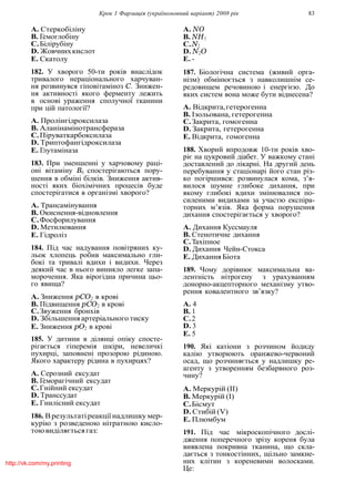 Крок 1 Фармацiя (україномовний варiант) 2008 рiк 83
A. Стеркобiлiну
B. Гемоглобiну
C.Бiлiрубiну
D. Жовчнихкислот
E. Скатолу
182. У хворого 50-ти рокiв внаслiдок
тривалого нерацiонального харчуван-
ня розвинувся гiповiтамiноз C. Знижен-
ня активностi якого ферменту лежить
в основi ураження сполучної тканини
при цiй патологiї?
A. Пролiнгiдроксилаза
B. Аланiнамiнотрансфераза
C.Пiруваткарбоксилаза
D. Триптофангiдроксилаза
E. Глутамiназа
183. При зменшеннi у харчовому рацi-
онi вiтамiну B6 спостерiгаються пору-
шення в обмiнi бiлкiв. Зниження актив-
ностi яких бiохiмiчних процесiв буде
спостерiгатися в органiзмi хворого?
A. Трансамiнування
B. Окиснення-вiдновлення
C.Фосфорилування
D. Метилювання
E. Гiдролiз
184. Пiд час надування повiтряних ку-
льок хлопець робив максимально гли-
бокi та тривалi вдихи i видихи. Через
деякий час в нього виникло легке запа-
морочення. Яка вiрогiдна причина цьо-
го явища?
A. Зниження pCO2 в кровi
B. Пiдвищення pCO2 в кровi
C.Звуження бронхiв
D. Збiльшення артерiального тиску
E. Зниження pO2 в кровi
185. У дитини в дiлянцi опiку спосте-
рiгається гiперемiя шкiри, невеличкi
пухирцi, заповненi прозорою рiдиною.
Якого характеру рiдина в пухирцях?
A. Серозний ексудат
B. Геморагiчний ексудат
C.Гнiйний ексудат
D. Транссудат
E. Гнилiсний ексудат
186. Врезультатiреакцiїнадлишку мер-
курiю з розведеною нiтратною кисло-
тоювидiляєтьсягаз:
A. NO
B. NH3
C.N2
D. N2O
E. -
187. Бiологiчна система (живий орга-
нiзм) обмiнюється з навколишнiм се-
редовищем речовиною i енергiєю. До
яких систем вона може бути вiднесена?
A. Вiдкрита,гетерогенна
B. Iзольована, гетерогенна
C.Закрита, гомогенна
D. Закрита, гетерогенна
E. Вiдкрита, гомогенна
188. Хворий впродовж 10-ти рокiв хво-
рiє на цукровий дiабет. У важкому станi
доставлений до лiкарнi. На другий день
перебування у стацiонарi його стан рiз-
ко погiршився: розвинулася кома, з’я-
вилося шумне глибоке дихання, при
якому глибокi вдихи змiнювалися по-
силеними видихами за участю експiра-
торних м’язiв. Яка форма порушення
дихання спостерiгається у хворого?
A. Дихання Куссмауля
B. Стенотичне дихання
C.Тахiпное
D. Дихання Чейн-Стокса
E. Дихання Бiота
189. Чому дорiвнює максимальна ва-
лентнiсть нiтрогену з урахуванням
донорно-акцепторного механiзму утво-
рення ковалентного зв’язку?
A. 4
B. 1
C.2
D. 3
E. 5
190. Якi катiони з розчином йодиду
калiю утворюють оранжево-червоний
осад, що розчиняється у надлишку ре-
агенту з утворенням безбарвного роз-
чину?
A. Меркурiй (II)
B. Меркурiй (I)
C.Бiсмут
D. Стибiй (V)
E. Плюмбум
191. Пiд час мiкроскопiчного дослi-
дження поперечного зрiзу кореня була
виявлена покривна тканина, що скла-
дається з тонкостiнних, щiльно замкне-
них клiтин з кореневими волосками.
Це:
http://vk.com/my.printing
 