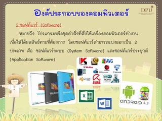 องค์ประกอบของคอมพิวเตอร์
2.ซอฟต์แวร์ (Software)
หมายถึง โปรแกรมหรือชุดคาสั่งที่สั่งให้เครื่องคอมพิวเตอร์ทางาน
เพื่อให้ได้ผลลัพธ์ตามที่ต้องการ โดยซอฟต์แวร์สามารถแบ่งออกเป็น 2
ประเภท คือ ซอฟต์แวร์ระบบ (System Software) และซอฟต์แวร์ประยุกต์
(Application Software)
 