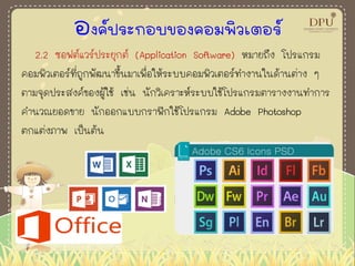 องค์ประกอบของคอมพิวเตอร์
2.2 ซอฟต์แวร์ประยุกต์ (Application Software) หมายถึง โปรแกรม
คอมพิวเตอร์ที่ถูกพัฒนาขึ้นมาเพื่อให้ระบบคอมพิวเตอร์ทางานในด้านต่าง ๆ
ตามจุดประสงค์ของผู้ใช้ เช่น นักวิเคราะห์ระบบใช้โปรแกรมตารางงานทาการ
คานวณยอดขาย นักออกแบบกราฟิกใช้โปรแกรม Adobe Photoshop
ตกแต่งภาพ เป็นต้น
 