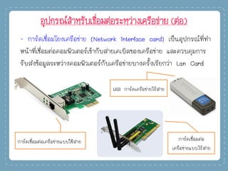 อุปกรณ์สาหรับเชื่อมต่อระหว่างเครือข่าย (ต่อ)
- การ์ดเชื่อมโยงเครือข่าย (Network interface card) เป็นอุปกรณ์ที่ทา
หน้าที่เชื่อมต่อคอมพิวเตอร์เข้ากับสายเคเบิลของเครือข่าย และควบคุมการ
รับส่งข้อมูลระหว่างคอมพิวเตอร์กับเครือข่ายบางครั้งเรียกว่า Lan Card
USB การ์ดเครือข่ายไร้สาย
การ์ดเชื่อมต่อเครือข่ายแบบใช้สาย การ์ดเชื่อมต่อ
เครือข่ายแบบไร้สาย
 
