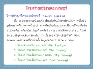 โครงสร้างเครือข่ายคอมพิวเตอร์
โครงสร้างเครือข่ายคอมพิวเตอร์ (Network Topology)
คือ การนาเอาคอมพิวเตอร์มาเชื่อมต่อกันเพื่อประโยชน์ของการสื่อสาร
รูปแบบการจัดวางคอมพิวเตอร์ การเดินสายสัญญาณคอมพิวเตอร์ในเครือข่าย
รวมถึงหลักการไหลเวียนข้อมูลในเครือข่ายสามารถทาได้หลายรูปแบบ ซึ่งแต่
ละแบบก็มีจุดเด่นที่แตกต่างกัน การเชื่อมต่อเครือข่ายมีอยู่ด้วยกันหลาย
ลักษณะ แต่ลักษณะที่นิยมใช้นั้นมีอยู่ด้วยกัน 4 ลักษณะ ได้แก่
1. โครงสร้างเครือข่ายแบบบัส (Bus Topology)
2. โครงสร้างเครือข่ายแบบดาว (Star Topology)
3. โครงสร้างเครือข่ายแบบวงแหวน (Ring Topology)
4. โครงสร้างเครือข่ายแบบเมซ (Mesh Topology)
 