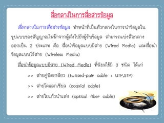 สื่อกลางในการสื่อสารข้อมูล
สื่อกลางในการสื่อสารข้อมูล ทาหน้าที่เป็นตัวกลางในการนาข้อมูลใน
รูปแบบของสัญญาณไฟฟ้าจากผู้ส่งไปยังผู้รับข้อมูล สามารถแบ่งสื่อกลาง
ออกเป็น 2 ประเภท คือ สื่อนาข้อมูลแบบมีสาย (Wired Media) และสื่อนา
ข้อมูลแบบไร้สาย (Wireless Media)
สื่อนาข้อมูลแบบมีสาย (Wired Media) ที่นิยมใช้มี 3 ชนิด ได้แก่
>> สายคู่บิดเกลียว (twisted-pair cable : UTP,STP)
>> สายโคแอกเซียล (coaxial cable)
>> สายใยแก้วนาแสง (optical fiber cable)
 