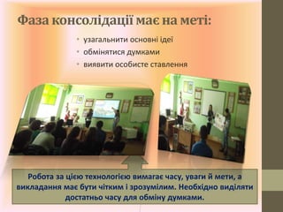 Фаза консолідації має на меті:
• узагальнити основні ідеї
• обмінятися думками
• виявити особисте ставлення
Робота за цією технологією вимагає часу, уваги й мети, а
викладання має бути чітким і зрозумілим. Необхідно виділяти
достатньо часу для обміну думками.
 