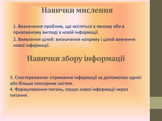 Навички мислення
1. Визначення проблем, що містяться в явному або в
прихованому вигляді в новій інформації.
2. Виявлення цілей: визначення напряму і цілей вивчення
нової інформації.
Навички збору інформації
3. Спостереження: отримання інформації за допомогою однієї
або більше сенсорних систем.
4. Формулювання питань, пошук нової інформації через
питання.
 