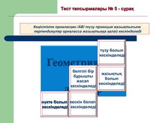 нүкте болыпнүкте болып
кескінделедікескінделеді
Кеңістікте орналасқан /АВ/ түзу проекция жазықтығына
перпендикуляр орналасса жазықтыққа қалай кескінделеді
Тест тапсырмалары №Тест тапсырмалары № 5 - сұрақ5 - сұрақ
кескін болап
кескінделеді
түзу болып
кескінделеді
жазықтық
болып
кескінделеді
белгілі бір
бұрышты
жасап
кескінделеді
 