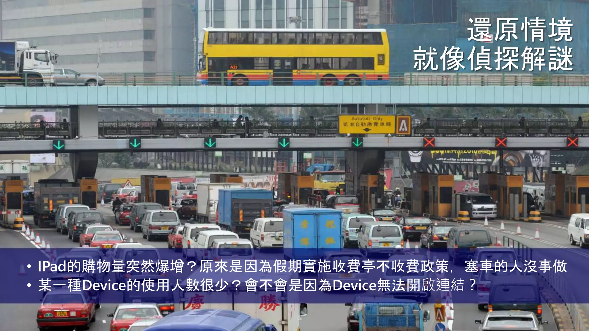 • IPad的購物量突然爆增？原來是因為假期實施收費亭不收費政策，塞車的人沒事做
• 某一種Device的使用人數很少？會不會是因為Device無法開啟連結？
還原情境
就像偵探解謎
 