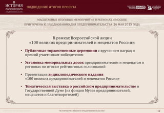 © DELOROS.ru 2014. Все права защищены
В рамках Всероссийской акции
«100 великих предпринимателей и меценатов России»:
• Публичные торжественные церемонии с вручением наград и
премий участникам-победителям
• Установка мемориальных досок предпринимателям и меценатам в
регионах по итогам рейтинговых голосований
• Презентация энциклопедического издания
«100 великих предпринимателей и меценатов России»
• Тематическая выставка о российском предпринимательстве в
Государственной Думе (из фондов Музея предпринимателей,
меценатов и благотворителей)
ПОДВЕДЕНИЕ ИТОГОВ ПРОЕКТА
"ИСТОРИЯ РОССИЙСКОГО ПРЕДПРИНИМАТЕЛЬСТВА" 12
МАСШТАБНЫЕ ИТОГОВЫЕ МЕРОПРИЯТИЯ В РЕГИОНАХ И МОСКВЕ
ПРИУРОЧЕНЫ К ПРАЗДНОВАНИЮ ДНЯ ПРЕДПРИНИМАТЕЛЬСТВА 26 МАЯ 2015 ГОДА
 