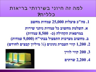 ‫שירות‬ ‫נותני‬ ‫עמדות‬ ‫כל‬ ‫מחשוב‬ ‫השלמת‬ .‫א‬
-‫)כ‬ ‫הקהילה‬ ‫במרפאות‬8,500(‫עמדות‬
1‫פועלות‬ ‫סה"כ‬ .25,000‫מחשב‬ ‫עמדות‬
2.1,200) ‫נתונים‬ ‫העברת‬ ‫קווי‬(‫לחודש‬ ‫קבצים‬ ‫מיליון‬ ½
3.200‫לווין‬ ‫קווי‬
4.2,200‫שרתים‬
) ‫בבתי"ח‬ ‫התפעול‬ ‫מערכות‬ ‫מחשוב‬ .‫ב‬9,000(‫עמדות‬
‫בריאות‬ ‫בשירותי‬ ‫חיוני‬ ‫זה‬ ‫למה‬‫בריאות‬ ‫בשירותי‬ ‫חיוני‬ ‫זה‬ ‫למה‬
?‫כללית‬?‫כללית‬
 