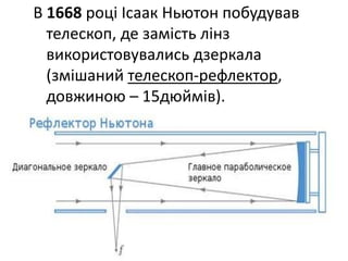 В 1668 році Ісаак Ньютон побудував
телескоп, де замість лінз
використовувались дзеркала
(змішаний телескоп-рефлектор,
довжиною – 15дюймів).
 