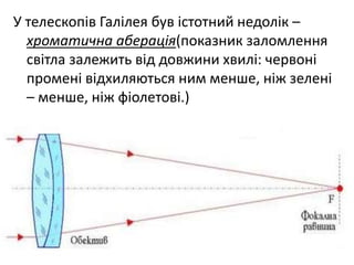 У телескопів Галілея був істотний недолік –
хроматична аберація(показник заломлення
світла залежить від довжини хвилі: червоні
промені відхиляються ним менше, ніж зелені
– менше, ніж фіолетові.)
 