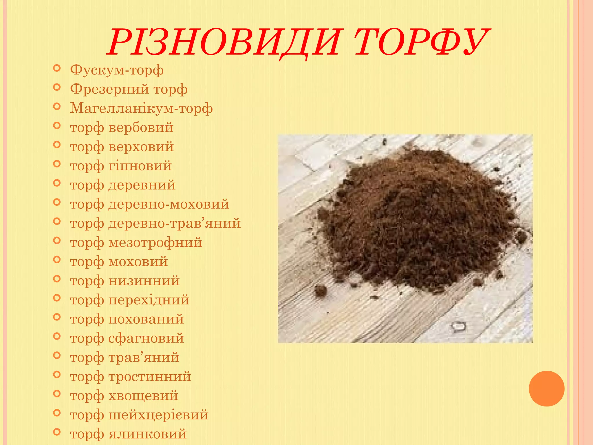 РІЗНОВИДИ ТОРФУ Фускум-торф
 Фрезерний торф
 Магелланікум-торф
 торф вербовий
 торф верховий
 торф гіпновий
 торф деревний
 торф деревно-моховий
 торф деревно-трав’яний
 торф мезотрофний
 торф моховий
 торф низинний
 торф перехідний
 торф похований
 торф сфагновий
 торф трав’яний
 торф тростинний
 торф хвощевий
 торф шейхцерієвий
 торф ялинковий
 